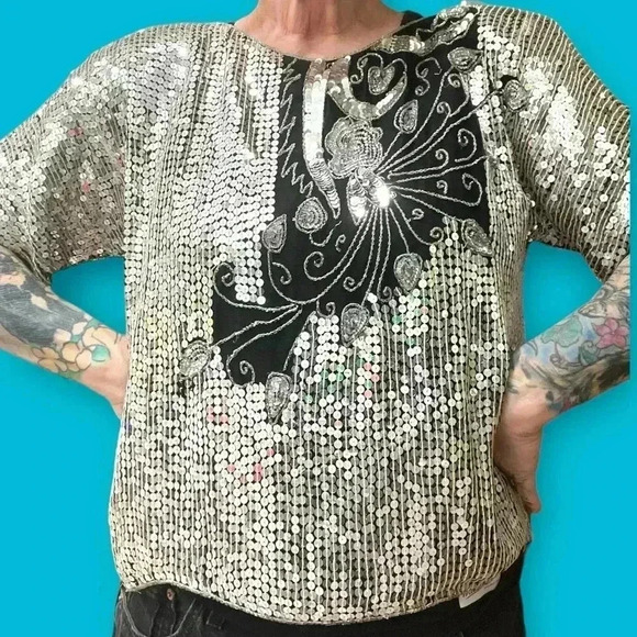 Vintage 70’s disco Studio 54 Jean for Joseph Le Bon Silk Sequins statement Top-L - Picture 3 of 14